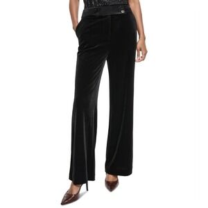 Calvin Klein Whitney Pants Womens Petite 6P Black‎ Velvet Wide Leg Trousers NWT